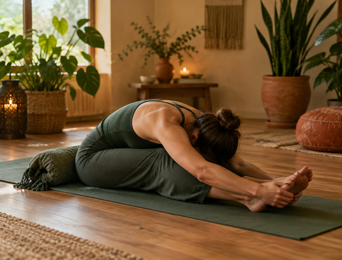 Ruhige Yin-Yoga-Haltung im warmen Licht