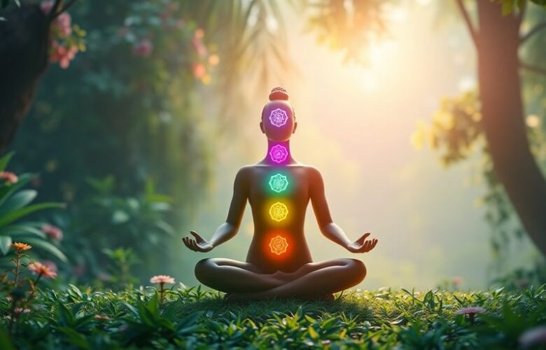 Meditierende Figur mit leuchtenden Chakras in der Natur.