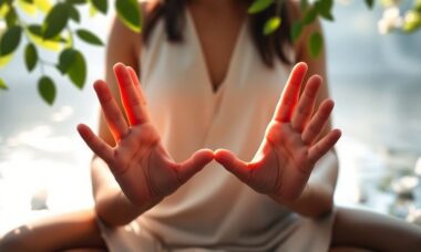 Person in Dhyana Mudra, entspannende natürliche Umgebung.