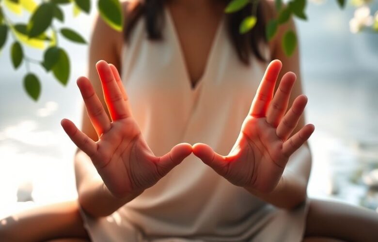 Person in Dhyana Mudra, entspannende natürliche Umgebung.