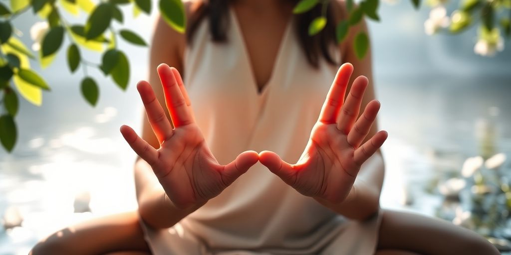 Person in Dhyana Mudra, entspannende natürliche Umgebung.